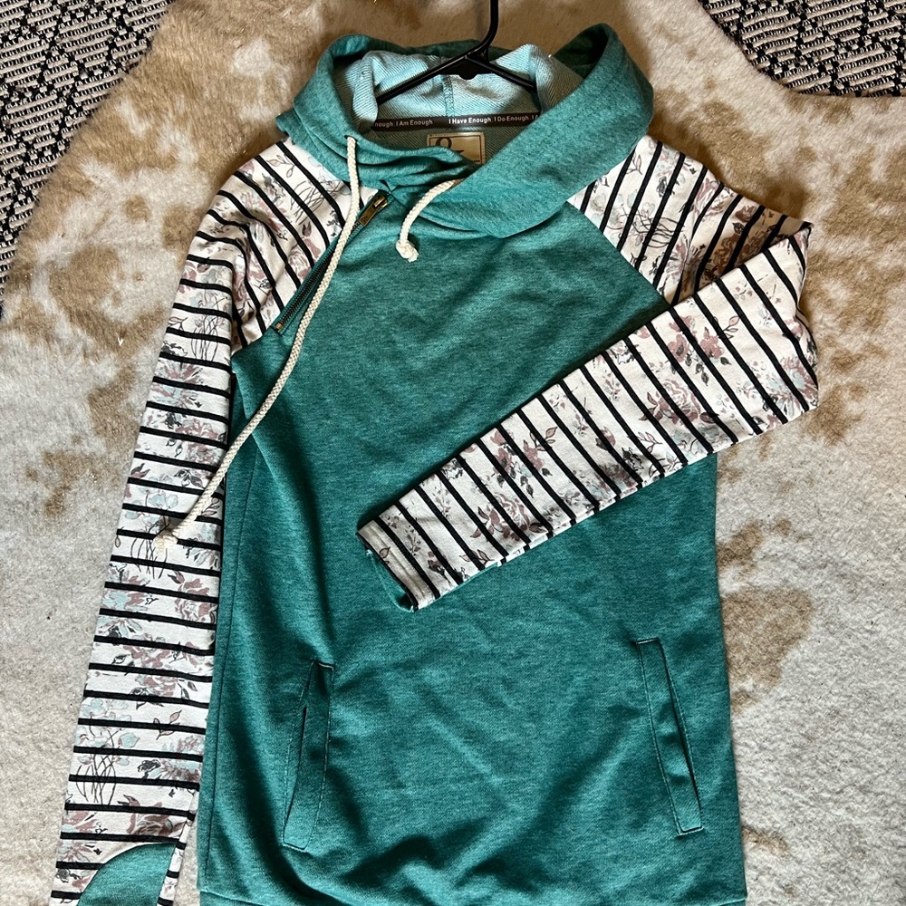 AMPERSAND AVE Teal and White Cowl Neck Sweater